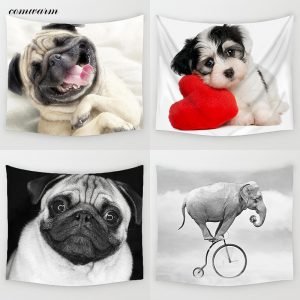 Comwarm Indian Elephant Painting Animal Pug Dog Wall Hanging Gobelin Polyester Tapestry Living Room Decor Home Decoration