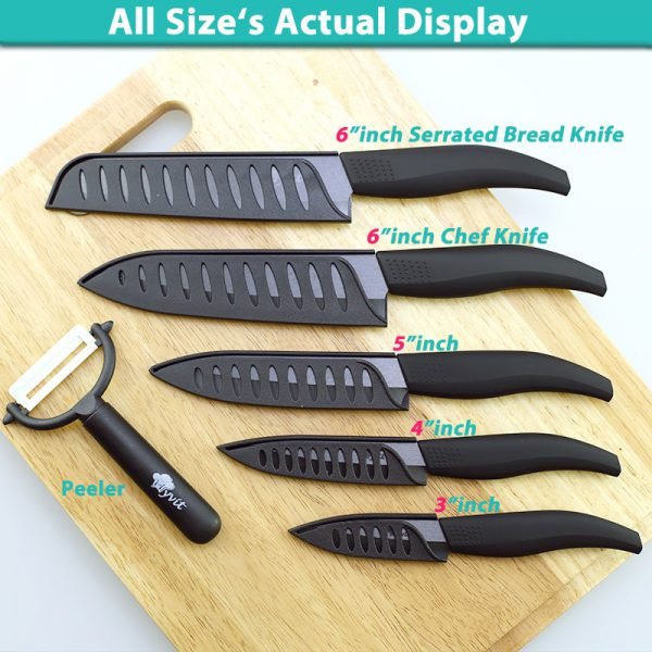 Ceramic Knife 3 4 5 inch + 6 inch Kitchen Knives Serrated Bread Set +Peeler Zirconia Black Blade Fruit Chef Knife Vege Cook Tool - Image 5