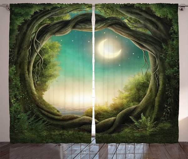 Kids Curtains Decor Trees in Enchanted Forest Full Moon Artistic Artwork Girls Boys and Family Living Room Bedroom Window Drapes