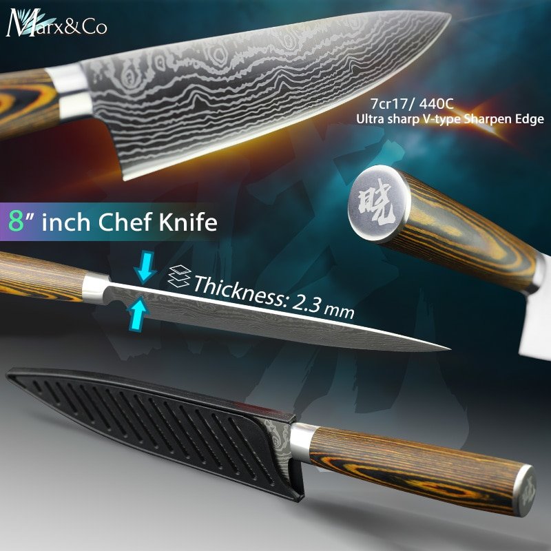 Kitchen knife Chef Knives 8 inch Japanese 7CR17 440C High Carbon Stainless Steel Sanding Laser Pattern Vegetable Santoku Knife - Image 2