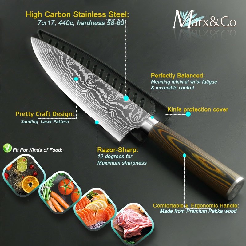 Kitchen knife Chef Knives 8 inch Japanese 7CR17 440C High Carbon Stainless Steel Sanding Laser Pattern Vegetable Santoku Knife - Image 4