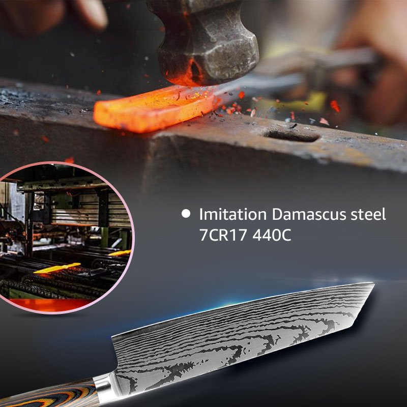 Kitchen knife Chef Knives Japanese 7CR17 440C High Carbon Stainless Steel Imitation Damascus Sanding Laser Knife Dropship - Image 2