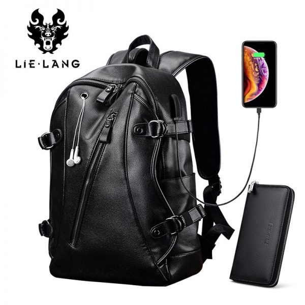 LIELANG Men Backpack External USB Charge Waterproof  Backpack Fashion PU Leather Travel Bag Casual School Bag leather bookbag - Image 2