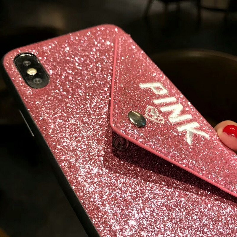 Luxury PINK Brand NEW Glitter Embroidery Leather Fashion Hot Cute Pink Case for iPhone 7 Plus 7+ 8 Plus 6 6s Plus X Phone Secret - Image 2