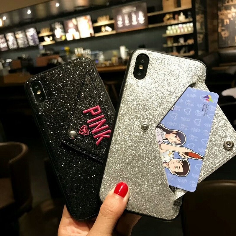 Luxury PINK Brand NEW Glitter Embroidery Leather Fashion Hot Cute Pink Case for iPhone 7 Plus 7+ 8 Plus 6 6s Plus X Phone Secret - Image 3
