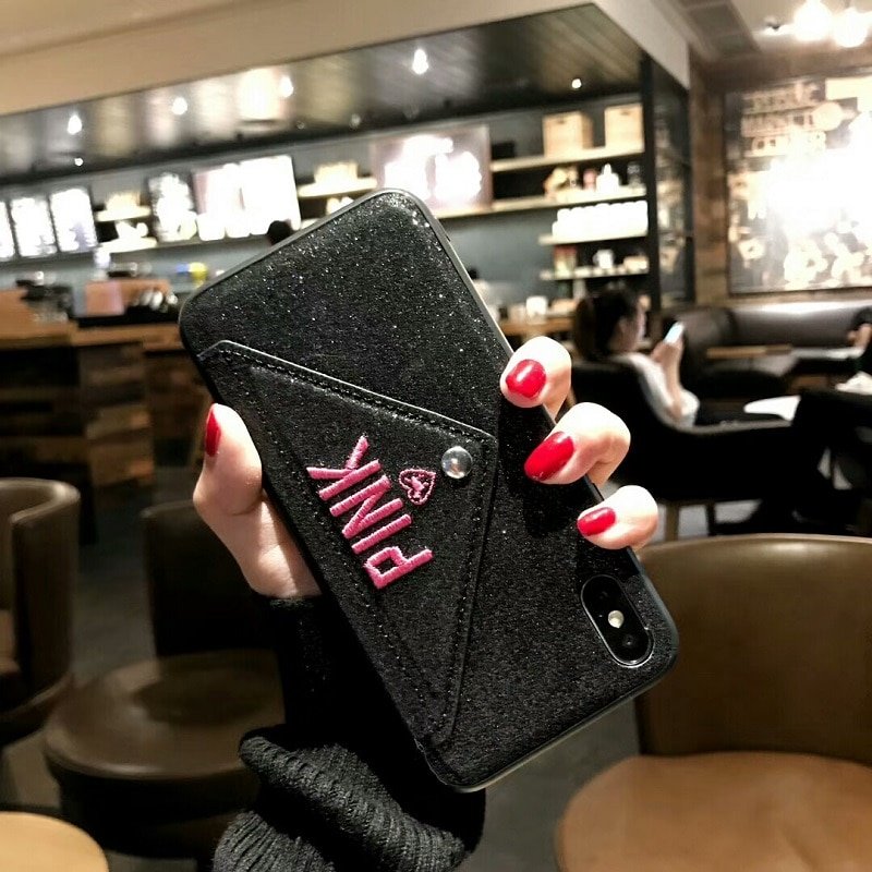 Luxury PINK Brand NEW Glitter Embroidery Leather Fashion Hot Cute Pink Case for iPhone 7 Plus 7+ 8 Plus 6 6s Plus X Phone Secret - Image 5