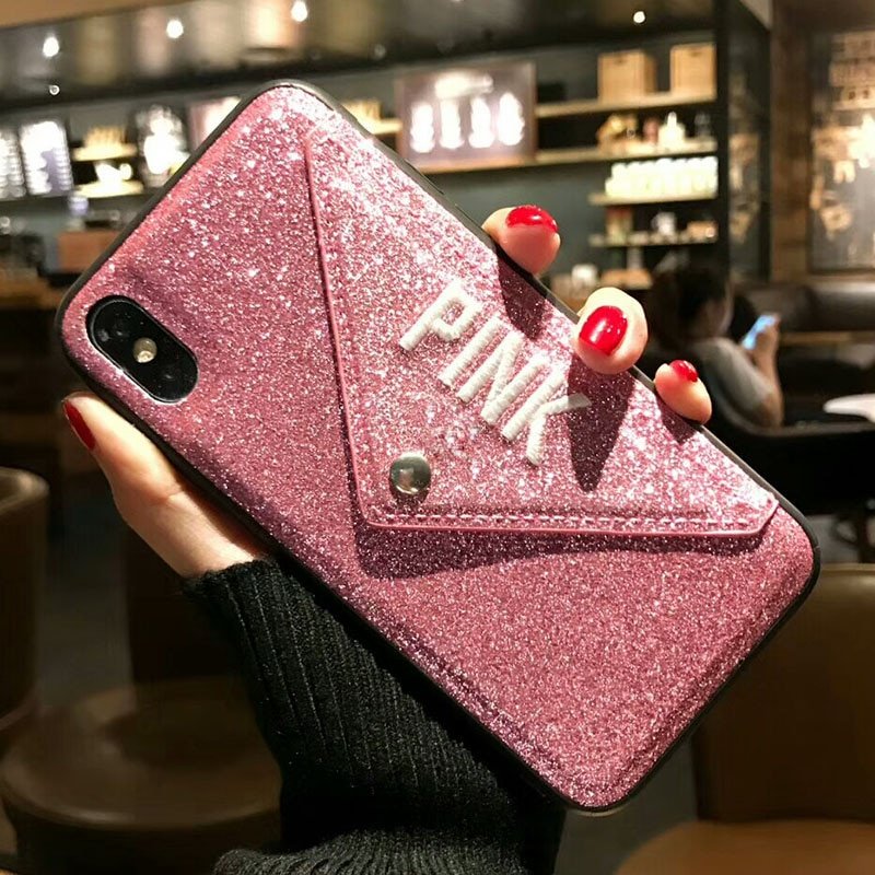 Luxury PINK Brand NEW Glitter Embroidery Leather Fashion Hot Cute Pink Case for iPhone 7 Plus 7+ 8 Plus 6 6s Plus X Phone Secret