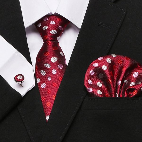 Men`s Tie 100% Silk Red Plaid print Jacquard Woven Tie + Hanky + Cufflinks Sets For Formal Wedding Business Party Free Postage - Image 4