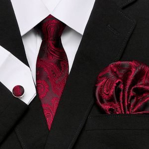 Men`s Tie 100% Silk Red Plaid print Jacquard Woven Tie + Hanky + Cufflinks Sets For Formal Wedding Business Party Free Postage