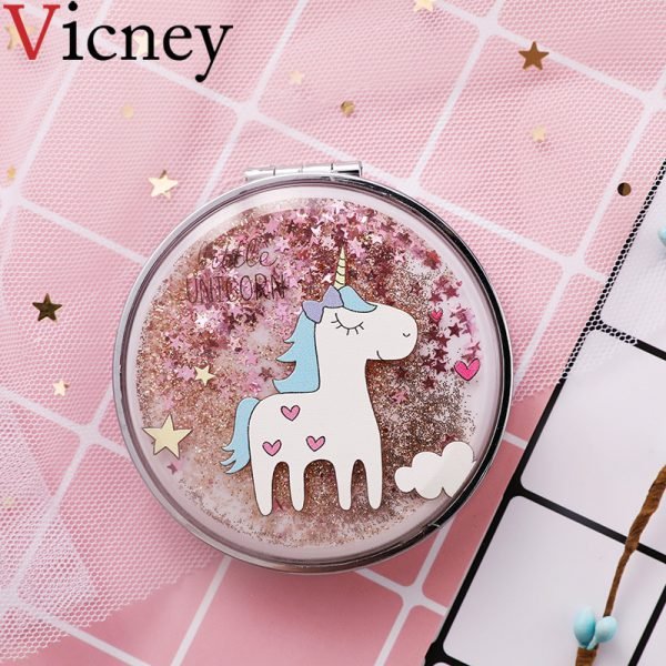 Mini Makeup Mirror Compact Pocket Mirror Portable Double-Sided Folding Cosmetic Mirror Female Gifts With flowing sparkling sand - Image 2