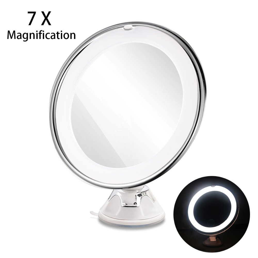RUIMIO 7X Magnifying Makeup Mirror Cosmetic LED Locking Suction Cup Bright Diffused Light 360 Degree Rotating Cosmetic Makeup