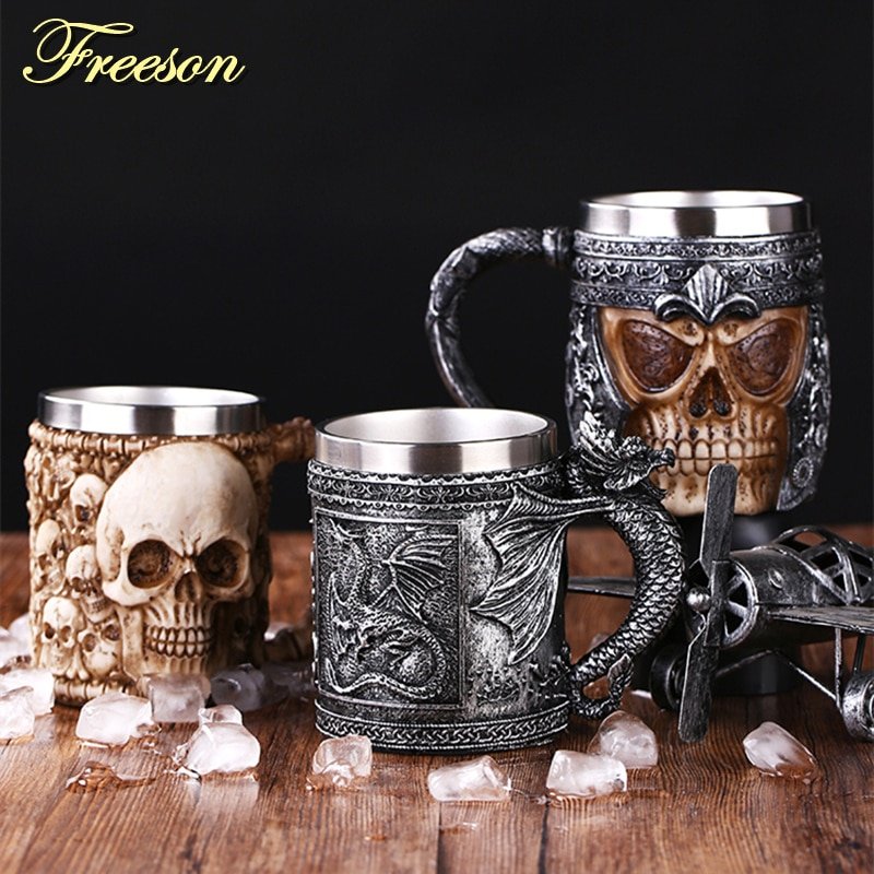 Retro Dragon Resin Stainless Steel Beer Mug Skull Knight Tankard Halloween Coffee Cup Creative Viking Tea Mug Pub Bar Decoration - Image 2