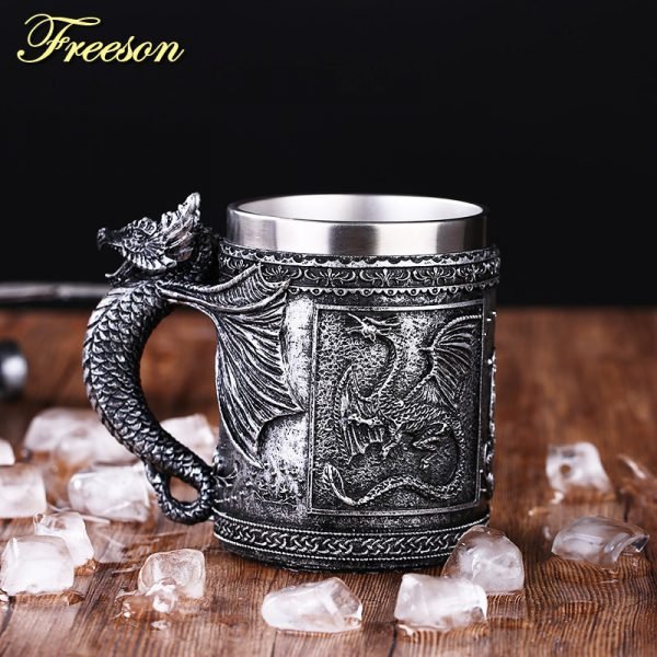 Retro Dragon Resin Stainless Steel Beer Mug Skull Knight Tankard Halloween Coffee Cup Creative Viking Tea Mug Pub Bar Decoration - Image 3