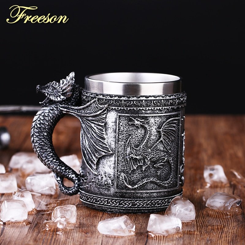 Retro Dragon Resin Stainless Steel Beer Mug Skull Knight Tankard Halloween Coffee Cup Creative Viking Tea Mug Pub Bar Decoration - Image 3