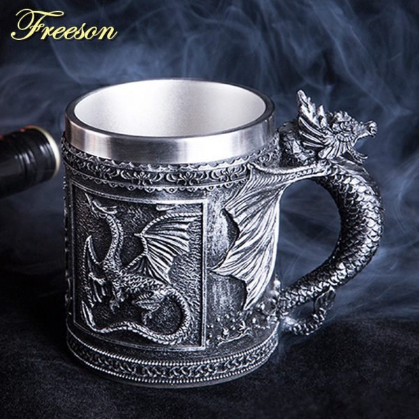 Retro Dragon Resin Stainless Steel Beer Mug Skull Knight Tankard Halloween Coffee Cup Creative Viking Tea Mug Pub Bar Decoration - Image 4
