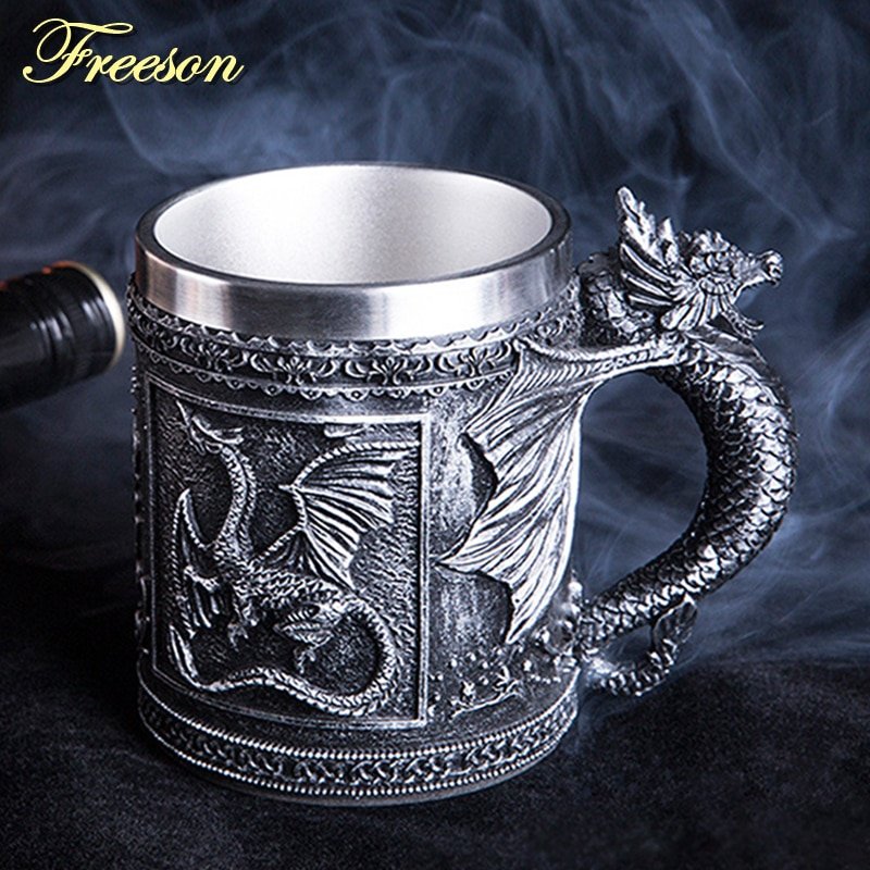 Retro Dragon Resin Stainless Steel Beer Mug Skull Knight Tankard Halloween Coffee Cup Creative Viking Tea Mug Pub Bar Decoration - Image 4