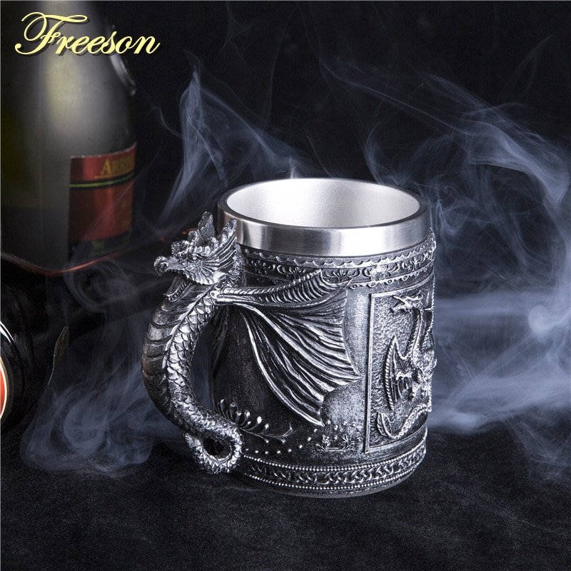 Retro Dragon Resin Stainless Steel Beer Mug Skull Knight Tankard Halloween Coffee Cup Creative Viking Tea Mug Pub Bar Decoration