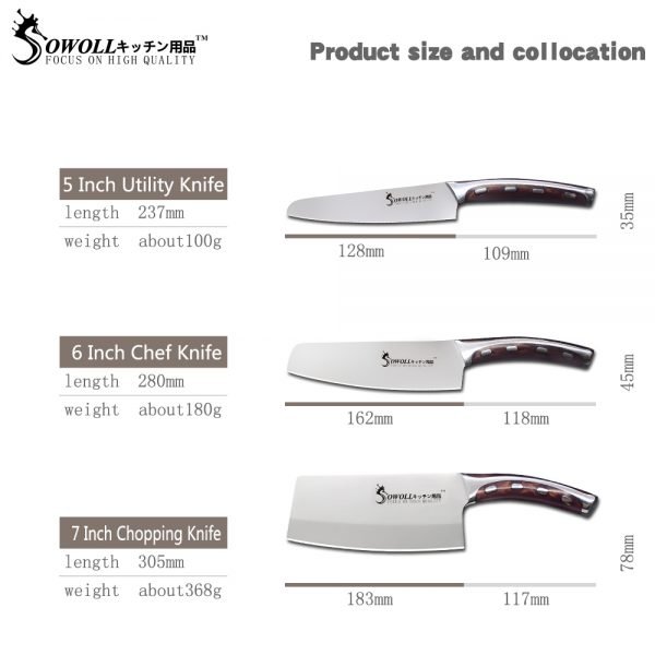 Sowoll 3 Piece Stainless Steel Kitchen Knife Set 5 6 7 inch Resin Fibre Handle High Carbon Blade Utility Chef Chopping Knives - Image 2