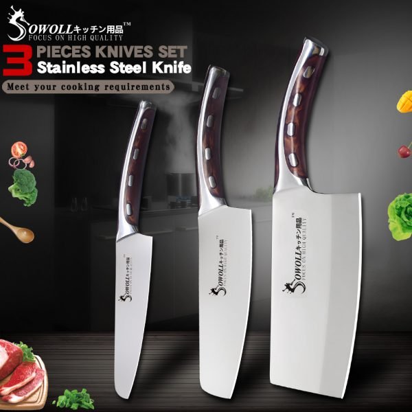 Sowoll 3 Piece Stainless Steel Kitchen Knife Set 5 6 7 inch Resin Fibre Handle High Carbon Blade Utility Chef Chopping Knives - Image 6