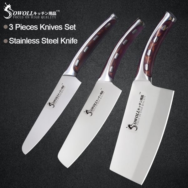 Sowoll 3 Piece Stainless Steel Kitchen Knife Set 5 6 7 inch Resin Fibre Handle High Carbon Blade Utility Chef Chopping Knives