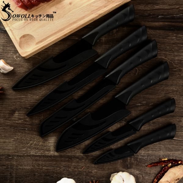 Sowoll Fashion Black Stainless Steel Kitchen Knife Set Germany Steel Ultra Sharp Blade Kitchen Knive 7Cr17 Kitchen Tools 6 PCS - Image 2