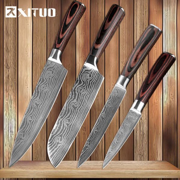 XITUO Kitchen Knives Damascus Veins Stainless Steel Knives Color Wood Handle Paring Utility Santoku Slicing Chef Cooking Knife