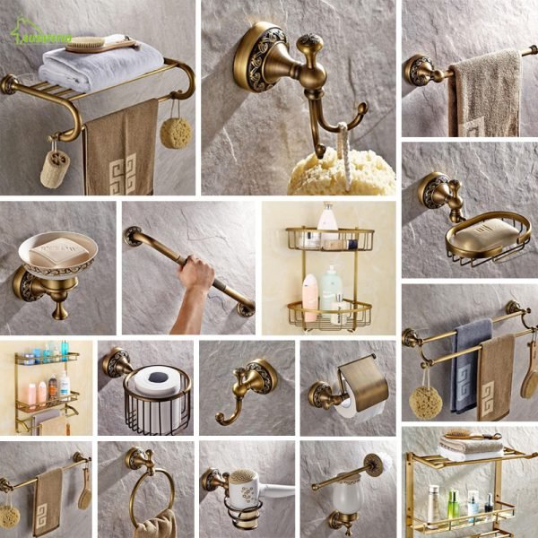 Antique soild brass carving bathroom accessories bronze round base wall mount bathroom hardware set toilet brush holder