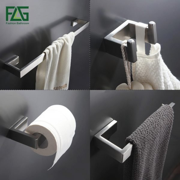 FLG 304 Stainless Steel Brushed Nickel Wall Mount Bath Hardware Sets Towel Bar Robe hook Paper Holder Bathroom Accessories Set - Image 2