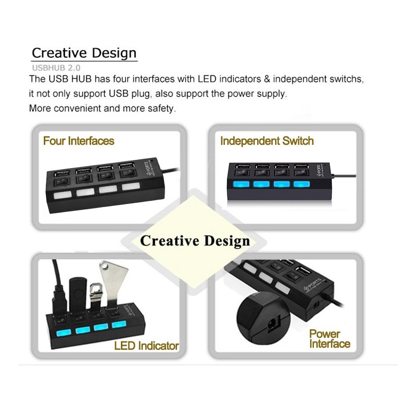 NEW High Speed USB Hub Mini 4 Ports LED USB 2.0 Hub 480 Mbps Hub USB On/Off Switch For PC Laptop Computer Peripheral Accessorie - Image 4