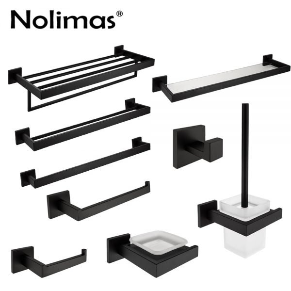 SUS 304 Stainless Steel Bathroom Hardware Set Black Matte Paper Holder Toothbrush Holder Towel Bar Bathroom Accessories