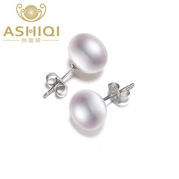 ASHIQI Natural Freshwater Pearl Stud Earrings For Women Real 925 Sterling Silver Jewelry Gift