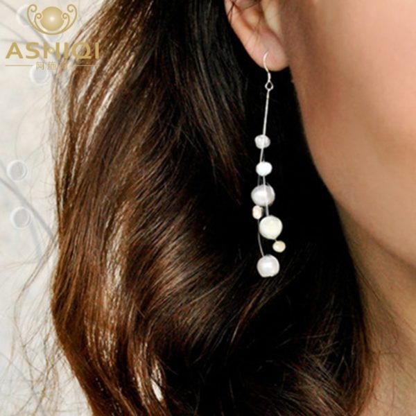 ASHIQI White Natural Freshwater Baroque Pearl Earrings 925 Sterling Silver Multilayer long Tassels Jewelry for Women Gift