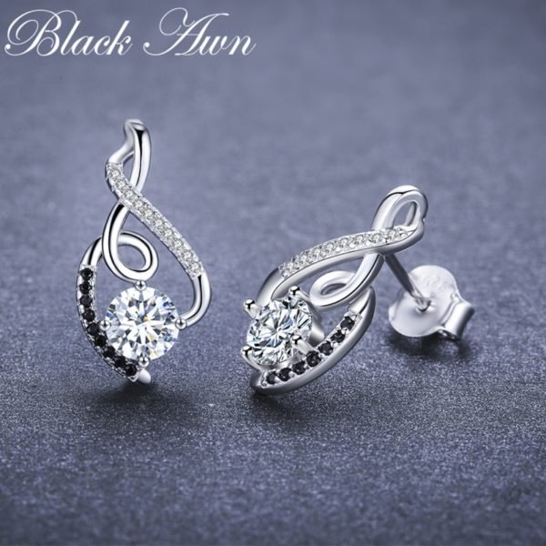 [BLACK AWN] Genuine 925 Sterling Silver Female Earring Fine Jewelry Vintage Wedding Stud Earrings for Women T006 - Image 2