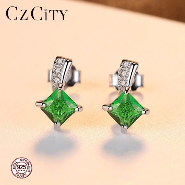CZCITY Brand Cute Green Square Cubic Zirconia Crystal Silver Earrings Lady Small Stud Emerald Earrings for Women Fine Jewelry - Image 2