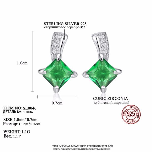 CZCITY Brand Cute Green Square Cubic Zirconia Crystal Silver Earrings Lady Small Stud Emerald Earrings for Women Fine Jewelry - Image 6