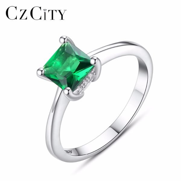 CZCITY Emerald Simple Female Zircon Stone Finger Ring 925 Sterling Silver Women Jewelry Prom Wedding Engagement Rings Brand Gift