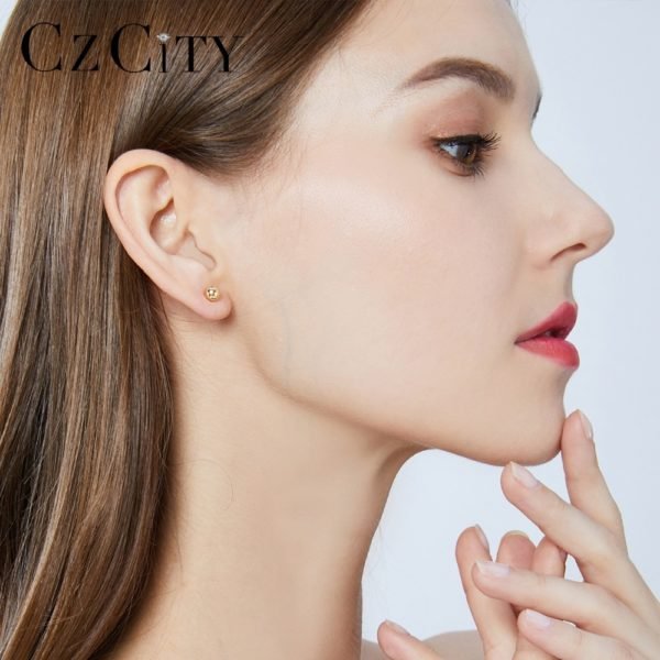 CZCITY Luxury Brand Charm Authentic Pure 18k Yellow Gold Round Bead Ball Stud Earrings For Women Daily Wear Gold Earring Jewelry - Image 3