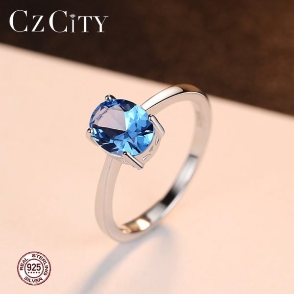CZCITY Natural Solitaire Sky Blue Oval Topaz Stone Sterling Silver Ring For Women Fashion S925 Fine Jewelry Finger Band Rings - Image 2