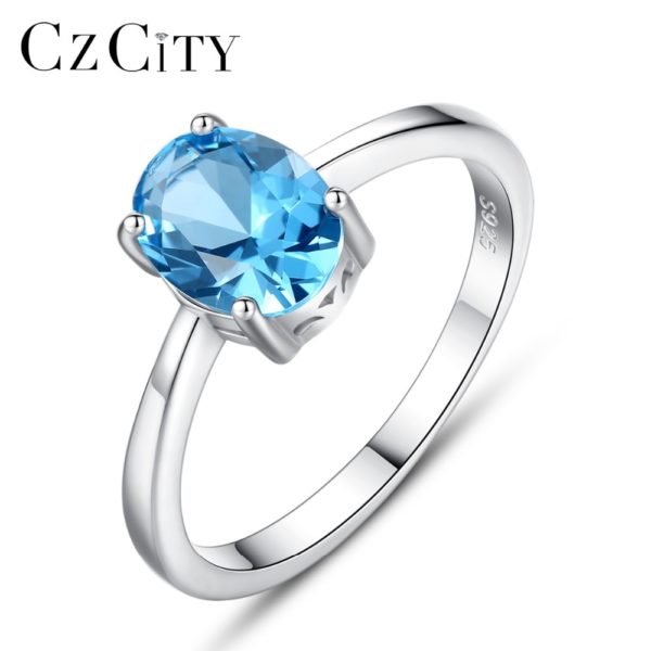 CZCITY Natural Solitaire Sky Blue Oval Topaz Stone Sterling Silver Ring For Women Fashion S925 Fine Jewelry Finger Band Rings