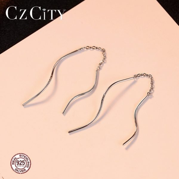 CZCITY New Arrival Trendy Pure Silver Wavy Long Chain Minimalist Link Dangle Earrings For Women 925 Sterling Silver Brincos - Image 2