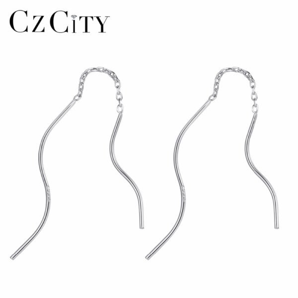 CZCITY New Arrival Trendy Pure Silver Wavy Long Chain Minimalist Link Dangle Earrings For Women 925 Sterling Silver Brincos