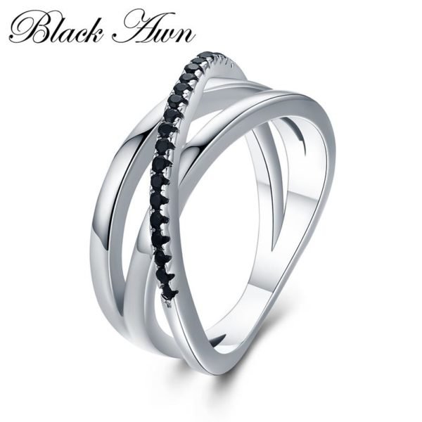 Classic 3.9g 925 Sterling Silver Fine Jewelry Baguet Row Engagement Black Spinel Wedding Rings for Women Bijoux Femme G006
