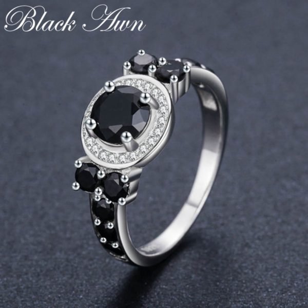 Cute 3.4g 925 Sterling Silver Fine Jewelry Round Bague Black Spinel Wedding Rings for Women Girl Party Gift C470
