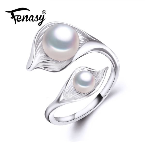 FENASY freshwater natural Double Pearl Ring for women,bohemia Fashion Statement Cocktail S925 Sterling silver leaf Ring 2018 New