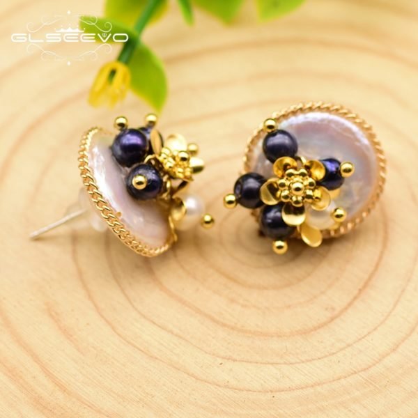 GLSEEVO 925 Sterling Silver Natural Baroque Flat Pearl Stud Earrings For Women Wedding Flower Earrings Fine Jewelry GE0650 - Image 2