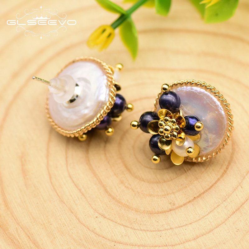 GLSEEVO 925 Sterling Silver Natural Baroque Flat Pearl Stud Earrings For Women Wedding Flower Earrings Fine Jewelry GE0650 - Image 3