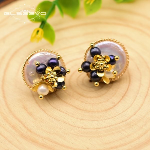 GLSEEVO 925 Sterling Silver Natural Baroque Flat Pearl Stud Earrings For Women Wedding Flower Earrings Fine Jewelry GE0650