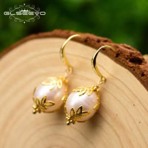 GLSEEVO 925 Sterling Silver Natural Fresh Water Baroque White Pearl Drop For Women Earrings pave Zircon Fine Jewelry GE0320