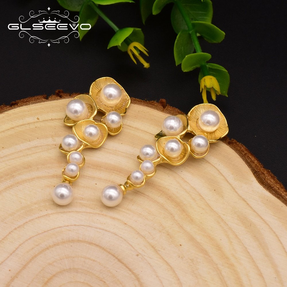 GLSEEVO Fashionable White Shell Pearl Drop Earrings For Women Female Handmade Plant Wedding Dangle Earring Jewelry Brinco GE0330 - Image 4