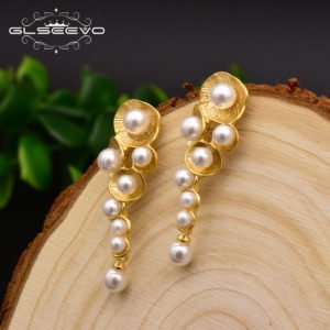 GLSEEVO Fashionable White Shell Pearl Drop Earrings For Women Female Handmade Plant Wedding Dangle Earring Jewelry Brinco GE0330